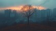 © nurman - Lonely tree silhouetted against a hazy sunrise over a sprawling cityscape, industrial pollution visible in the background.  A poignant image of nature and urban development.