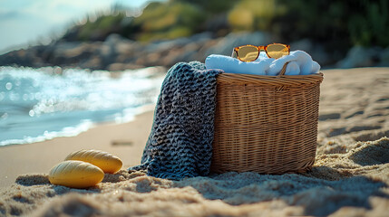 Canvas Print - wicker basket with towel and glasses on the seashore on vacation with space for text