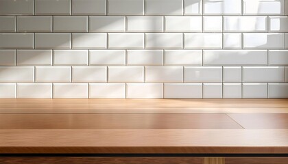 Wall Mural - Glossy white subway tiles with an empty smooth wooden countertop