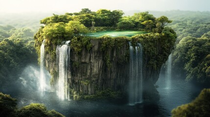 Canvas Print - Lush, green island floating atop a calm lake with multiple waterfalls cascading down its sides.