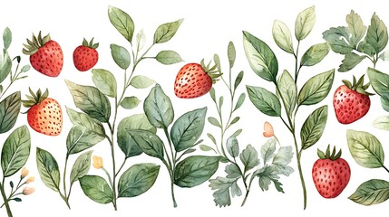 Wall Mural - Watercolor Seamless Border of Strawberries and Greenery.