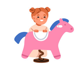 Wall Mural - Happy girl hiding behind rocking horse toy. Cute smiling child playing game, having fun. Joyful excited laughing preschool kid peeping. Flat vector illustration isolated on white background