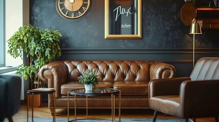 Sticker - Minimal interior design with brown leather couch, retro armchair, and gold accents, actual photo