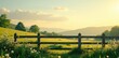 © Mali - Serene pastoral landscape with a rustic wooden fence, bathed in the golden light of sunset, wildflowers blooming in the foreground, rolling hills in the background.
