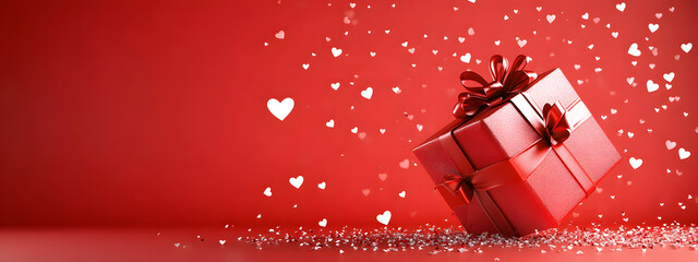 valentine's day gift banner with present box, hearts, and red background featuring empty space for custom messages, ideal for romantic or festive designs.