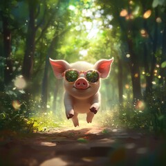 Wall Mural - Happy piglet in sunglasses running on a forest path.