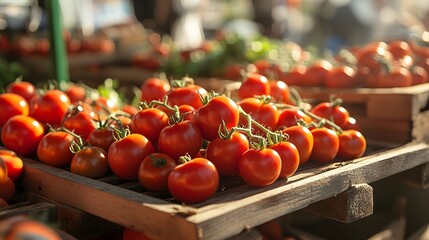 Ripe Red Tomatoes In Wooden Crate At Market