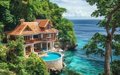 Canvas Print - Oceanfront luxury villa with infinity pool.