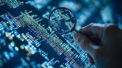 code inspection under magnifying glass: a hand holds a magnifying glass over lines of code, illumina