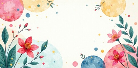 Wall Mural - whimsical floral design with abstract watercolor circles and botanical elements for elegant invitati