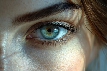 Wall Mural - A detailed view of a woman's blue eye, with eyelashes and pupil visible