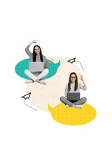 Wall Mural - Vertical creative composite photo collage of positive girls chatting sitting on dialog bubbles with laptop isolated on drawing background