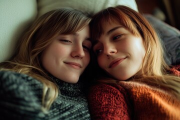 Sticker - A cozy scene of two women relaxing together on a bed, with a simple and intimate atmosphere