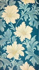 Wall Mural - This image features an intricate floral pattern with large, cream-colored flowers and detailed blue leaves on a teal background
