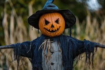 Wall Mural - A classic Halloween character with a black hat and a pumpkin for a head, perfect for autumnal decorations or spooky themed events