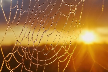 A macro shot of dewdrops on a spiderweb at sunrise, intricate details, and natural tones