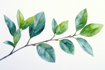 Wall Mural - A watercolor painting of a single branch with green leaves, perfect for decorating a room or creating a nature-inspired atmosphere