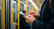 © Patrick - Man using phone on train, commuting and travel with digital technology for online connection, urban transport, communication or social media