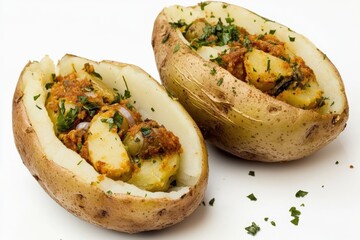 Poster - Freshly baked potatoes topped with savory meat and fragrant herbs served on a clean white surface