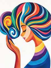 Wall Mural - Abstract portrait of a woman with colorful flowing hair in modern artistic style, vibrant colors on a white background, suitable for fashion or beauty advertising..