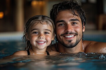 Wall Mural - A man and a young girl enjoying time together in a swimming pool