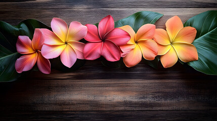 Wall Mural - hawaiian flowers on wooden background with space for text