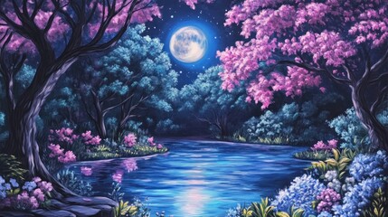 Wall Mural - Serene moonlit night scene with vibrant pink and blue flowers blooming along a calm river in a mystical forest.