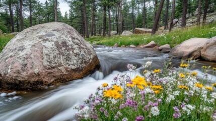 Canvas Print - Serene mountain stream flows past wildflowers and boulders.