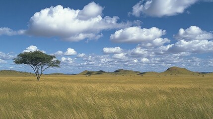 Sticker - Serene savanna landscape with lone acacia tree under a bright blue sky dotted with fluffy cumulus clouds.