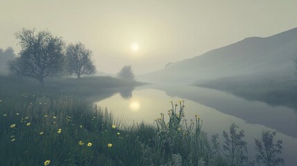 Wall Mural - Serene sunrise over misty river valley, wildflowers in foreground.