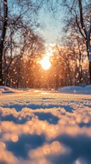 Wall Mural - Beautiful sunset over snowy landscape with falling snowflakes in winter season