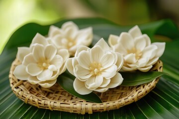 Sticker - A trio of pure white blooms nestled in a natural woven basket, surrounded by lush green foliage