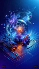 Wall Mural - glowing atom above futuristic motherboard for technology design