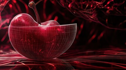 Poster - Single red cherry in a translucent bowl on a dark reflective surface with red abstract background.