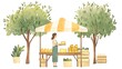 © Woranuch - A Watercolor Illustration of a Woman Selling Cheese and Produce at a Farmers Market Underneath Trees.