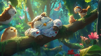 Poster - Sleepy owl nestled on a mossy branch in a vibrant forest, surrounded by other birds and butterflies.