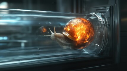 Canvas Print - Snail inside glowing glass tube; futuristic, science fiction concept.