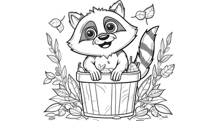 Wall Mural - Coloring page for kids, happy raccoon in a bucket with leaves