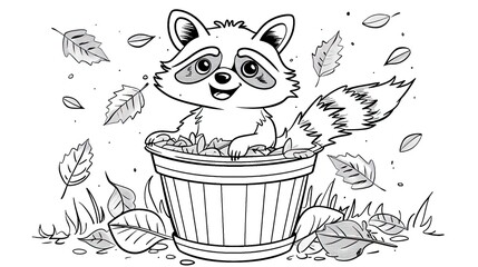 Wall Mural - Coloring page for kids, happy raccoon in a bucket with leaves