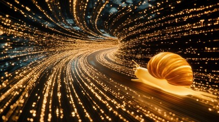 Wall Mural - Snail slowly moving through a glowing tunnel of light representing slow internet speed or data transfer.