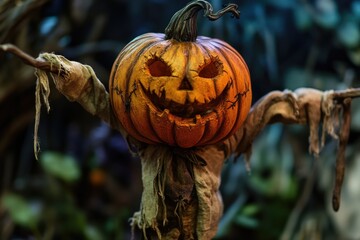 Wall Mural - A large orange Halloween pumpkin is suspended from a tree branch, surrounded by autumn leaves and branches