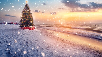 Sticker - Snowy beach sunset with Christmas tree and gifts.