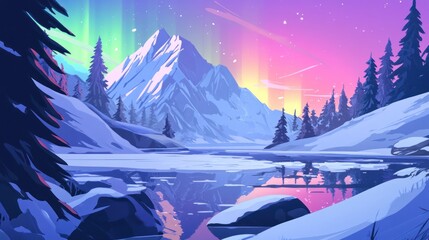 Wall Mural - Snowy mountain range reflecting in a frozen lake under a vibrant aurora borealis.