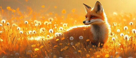 Fox in dandelion field, sunset glow, nature wallpaper