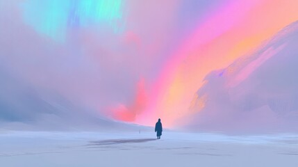 Wall Mural - Solitary figure in a surreal, colorful landscape with a vibrant aurora borealis-like sky.