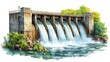 © Woranuch - Watercolor painting of a dam with water cascading over its spillway, surrounded by lush greenery and rocks.