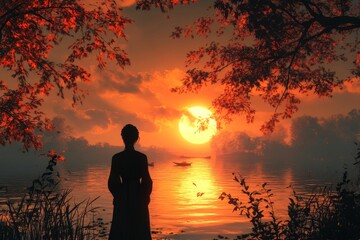 Wall Mural - Woman gazing at sunrise over misty river in serene natural landscape