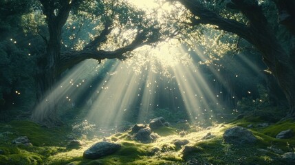 Sticker - Sunbeams illuminate a mystical forest scene with moss-covered rocks and ancient trees.