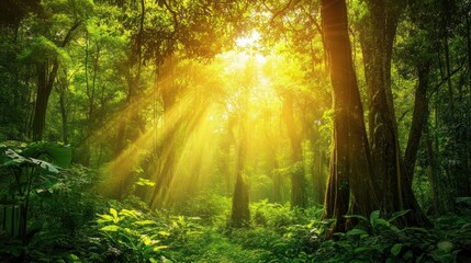 Canvas Print - Sunbeams illuminate lush green rainforest trees and undergrowth.