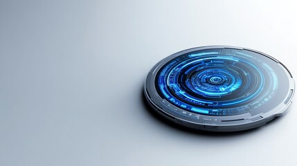 A virtual assistant display, circular interface layout, elegant and futuristic, cyan and grey, isolated on white background